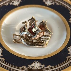 Vintage DAMASCENE Spanish Ship Brooch Pin